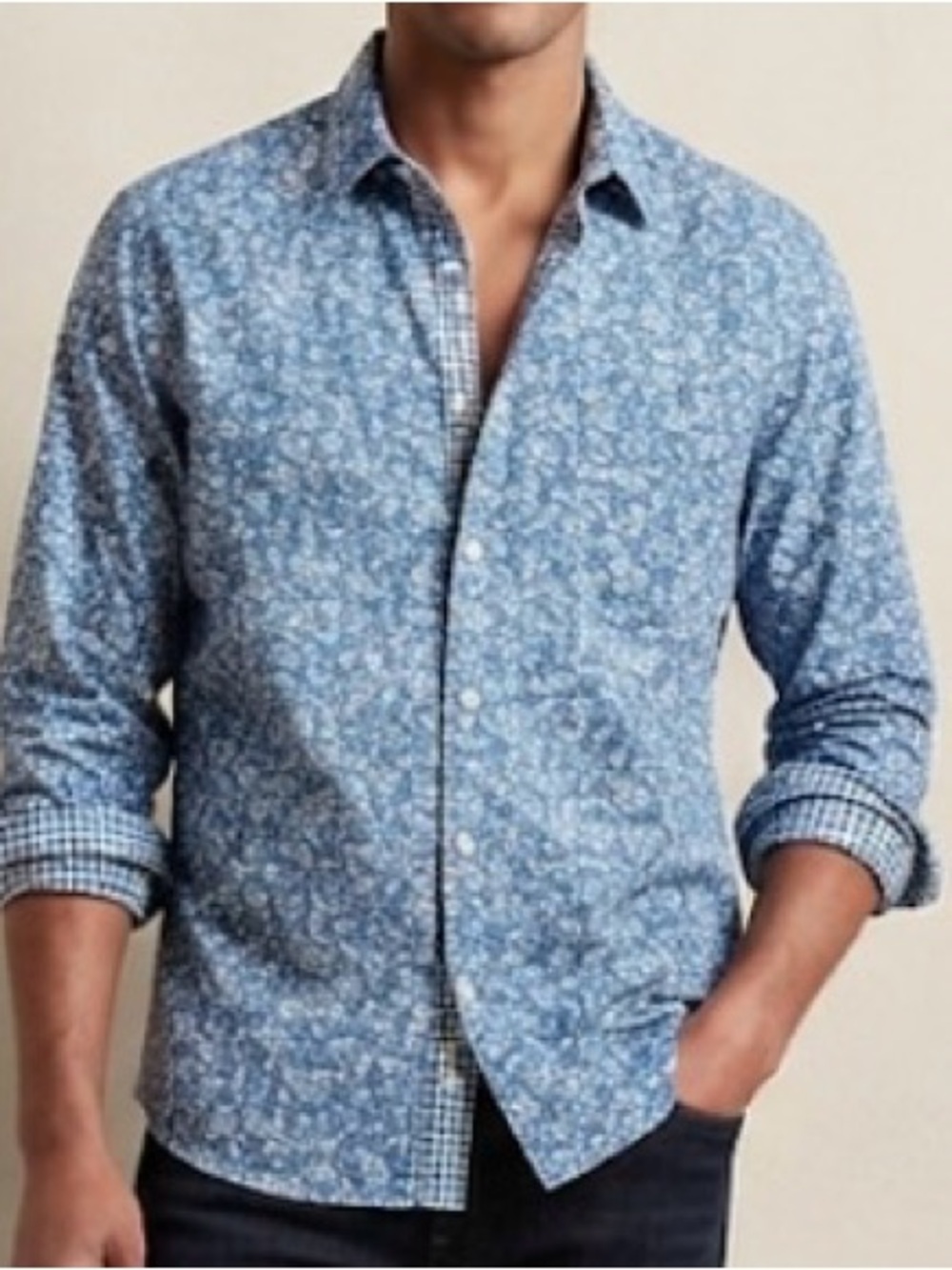 Banana Republic Blue Floral & Gingham Contrast Untucked Shirt M